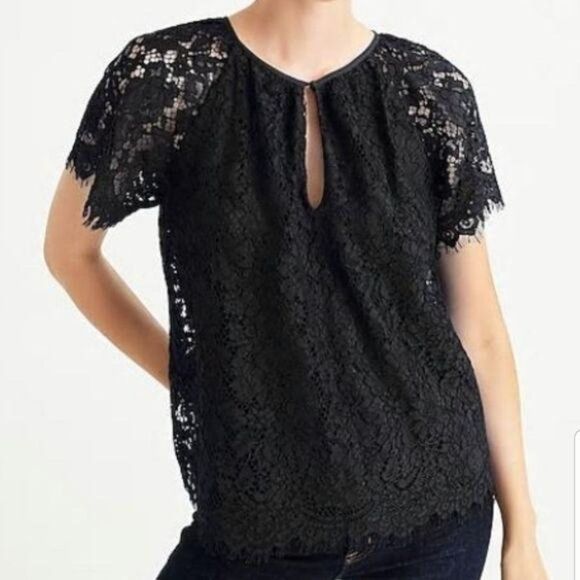 J. Crew Short Sleeve Lace Top Black Size Small Round Neckline Pull On Styling - Picture 1 of 7